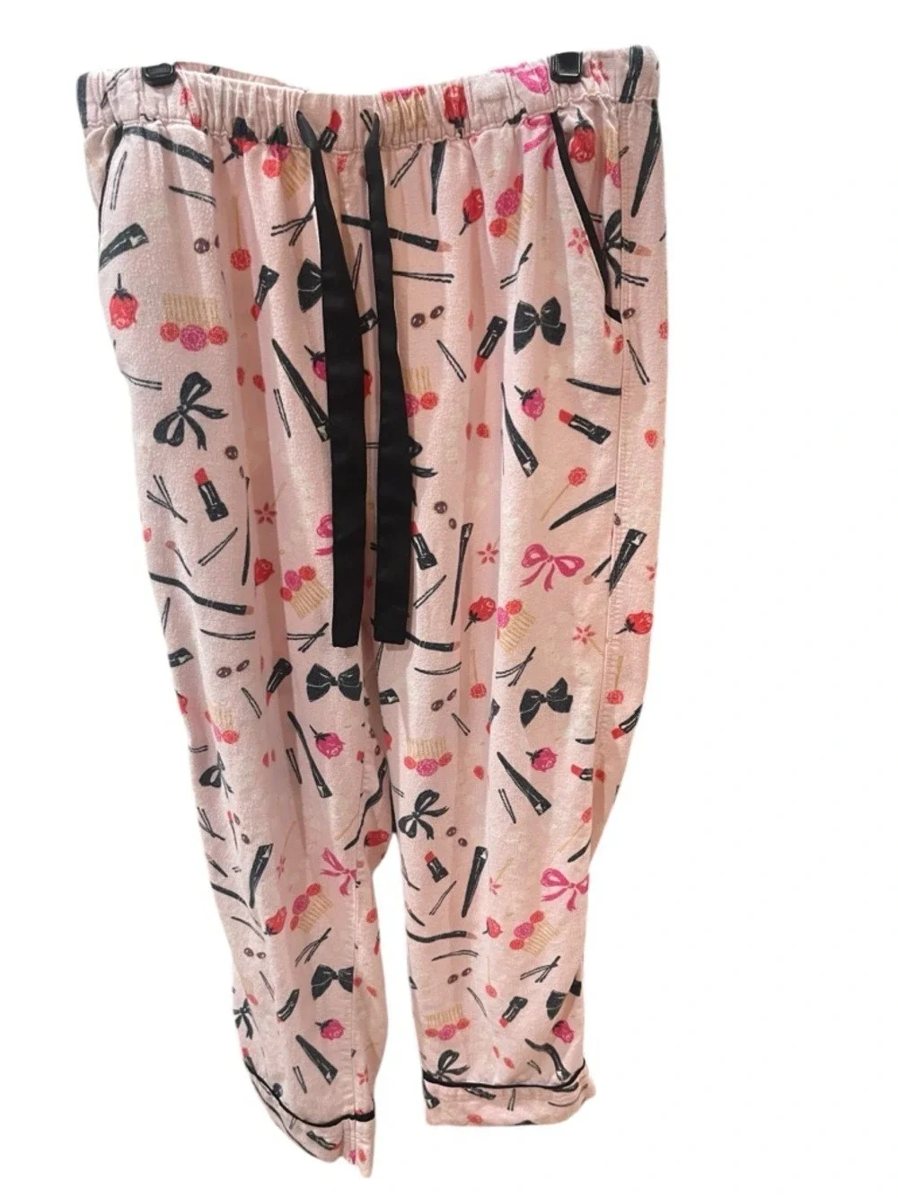 Kate Spade 2 PC Flannel Pajama Set Lipstick Bows Flowers SZ M Pink Black